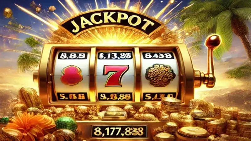 Layar video slot dengan reel, simbol khusus, dan efek permainan